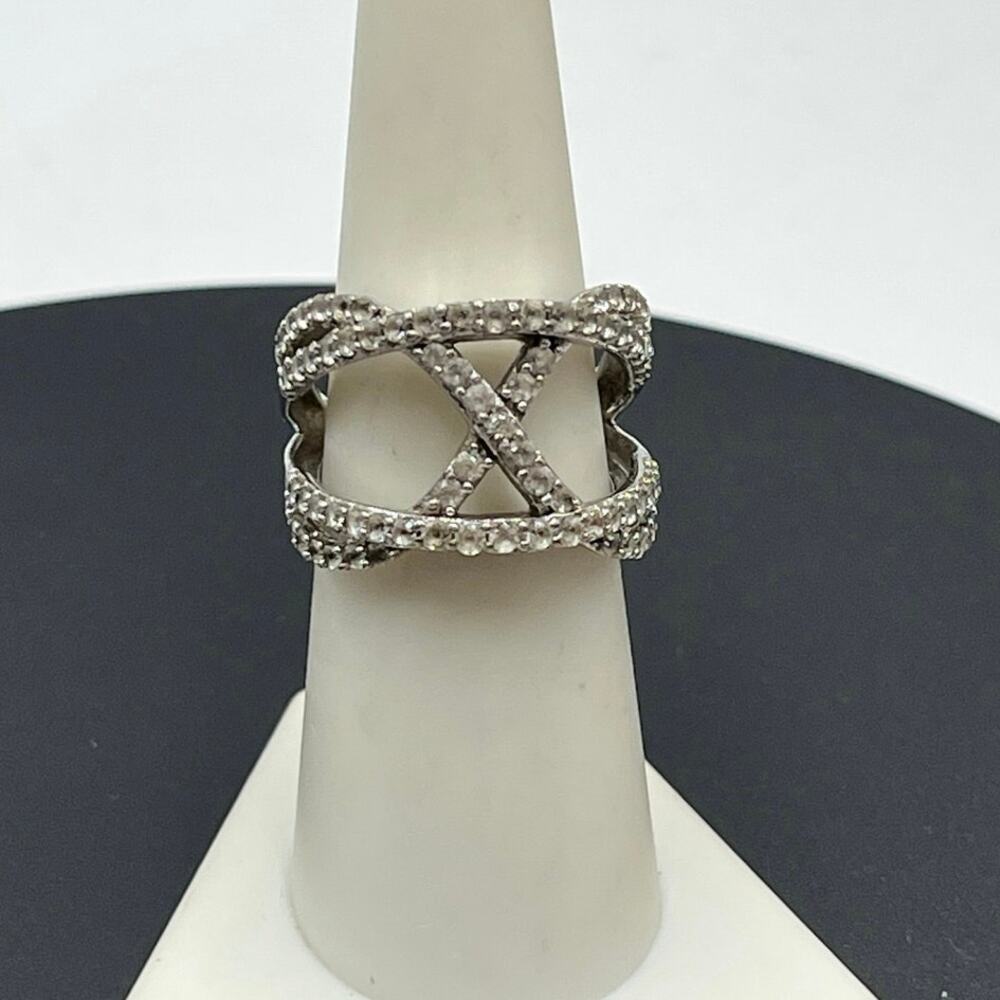 JWBR Sterling Silver White Sapphire Crossover Ring Sz 7.25 ‎ Pave Setting 6.6g